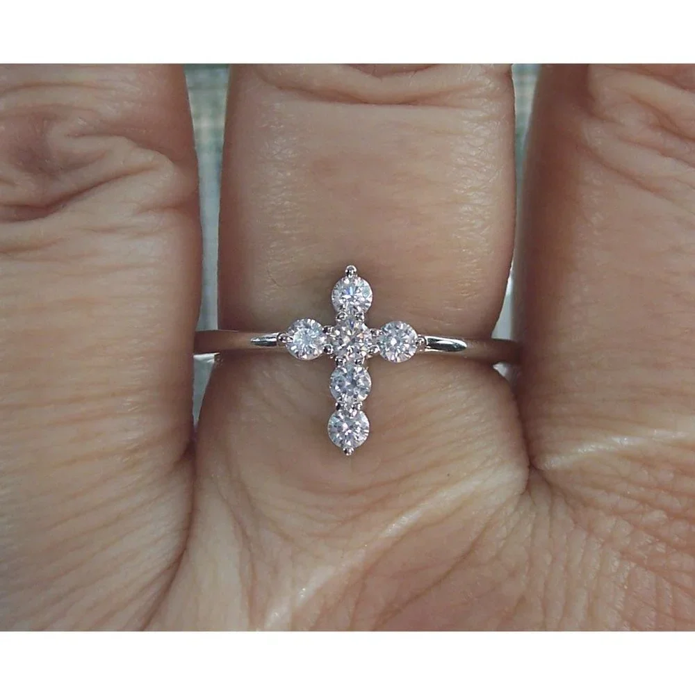 925 STERLING SILVER Dainty Cross Cubic Zirconia Ring - Picture 12 of 16